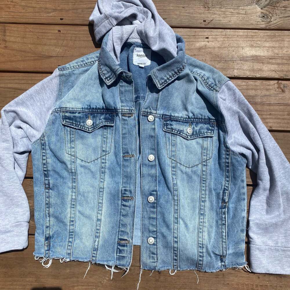 Kensie Jeans Vintage Luxe Women's Denim Jacket with Gray Hood and Sleeves Large